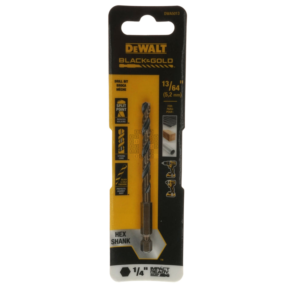 DeWALT Industrial Tool DWA5013 Impact Ready Black & Gold Drill Bit, 13/64", 1/4" Hex Quick Change Shank