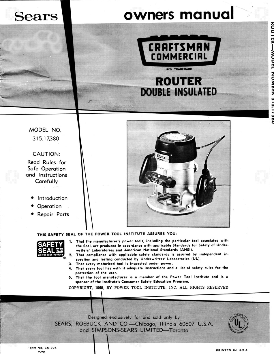 Sears 315.17380 Router Double Insulated Owners Manual