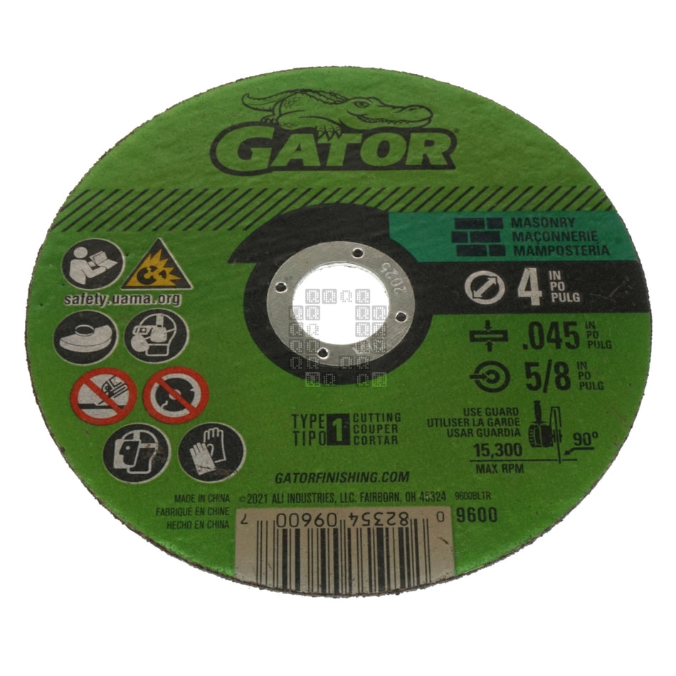 Gator 9600 Masonry 0.045" Thick, 4" Cut-Off Wheel, C24R Grit, 5/8" Arbor