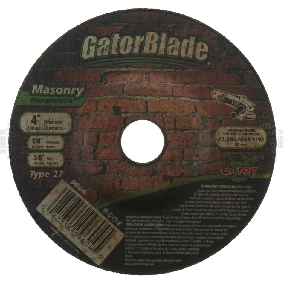 Gator 9604 4" GatorBlade Type 27 Masonry Aluminum Oxide Abrasive Grinding Wheel, 1/4" Thick, 5/8" Arbor
