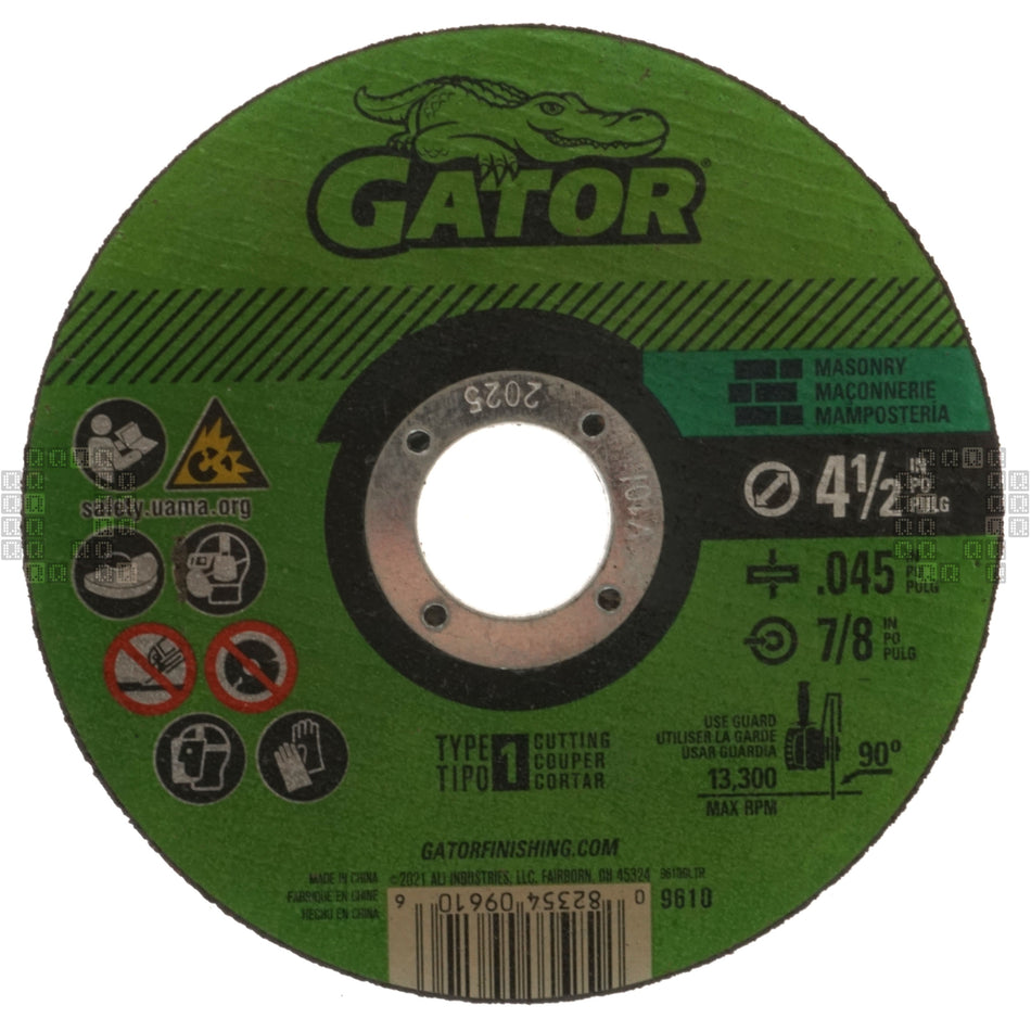 Gator 9610 4-1/2" Masonry Abrasive Cut-Off Wheel, 0.045" Thickness, 7/8" Arbor, Type 1