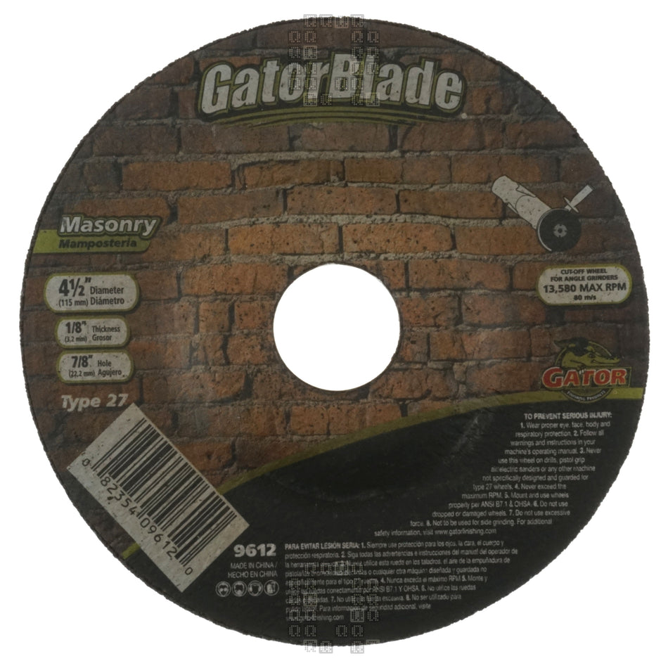 Gator 9612 GatorBlade Masonry 1/8" Thick 24-Grit Silicon Carbide 4-1/2" Grinding Wheel, 7/8" Arbor