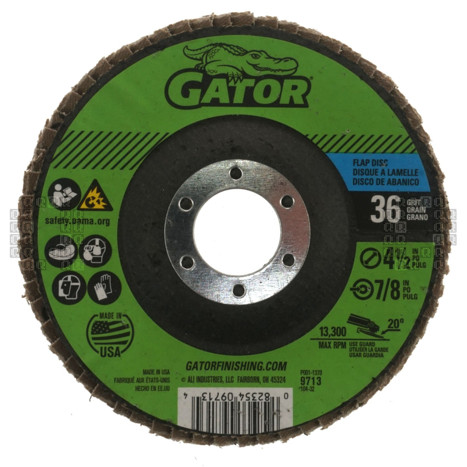 Gator 9713 4-1/2" Zirconium Oxide Abrasive Flap Disc, 7/8" Arbor, 36 Grit