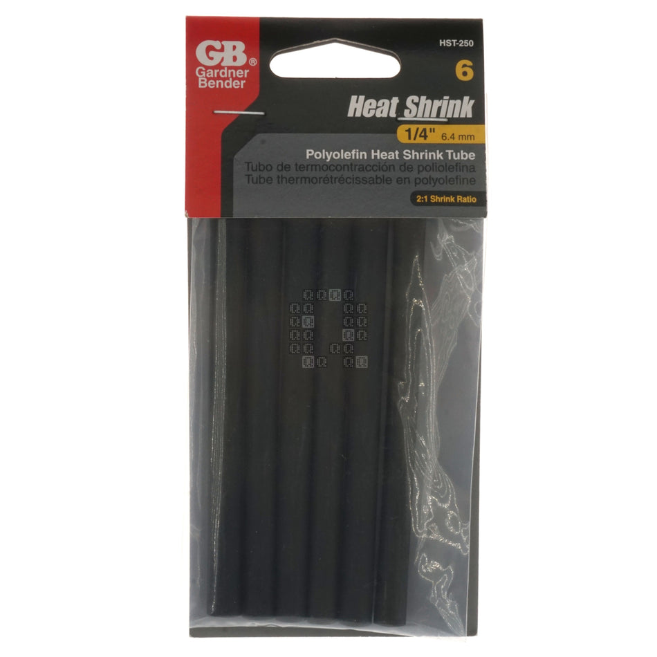 Gardner Bender HST-250 1/4" Polyolefin Heat Shrink Tubing, Black, 4" Length, 6-Pack