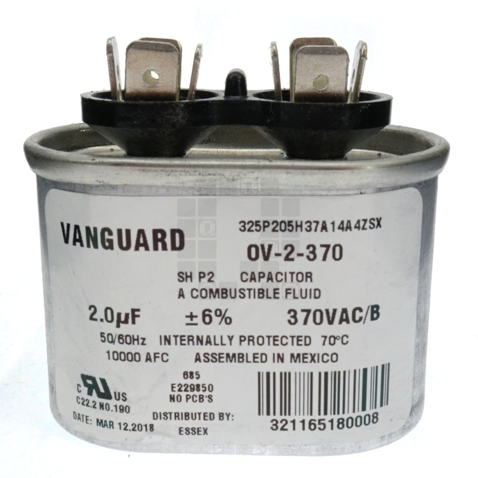 Vanguard OV-2-370 Electric Motor Oval Run Capacitor, 2 uF, 370 VAC 50-60Hz
