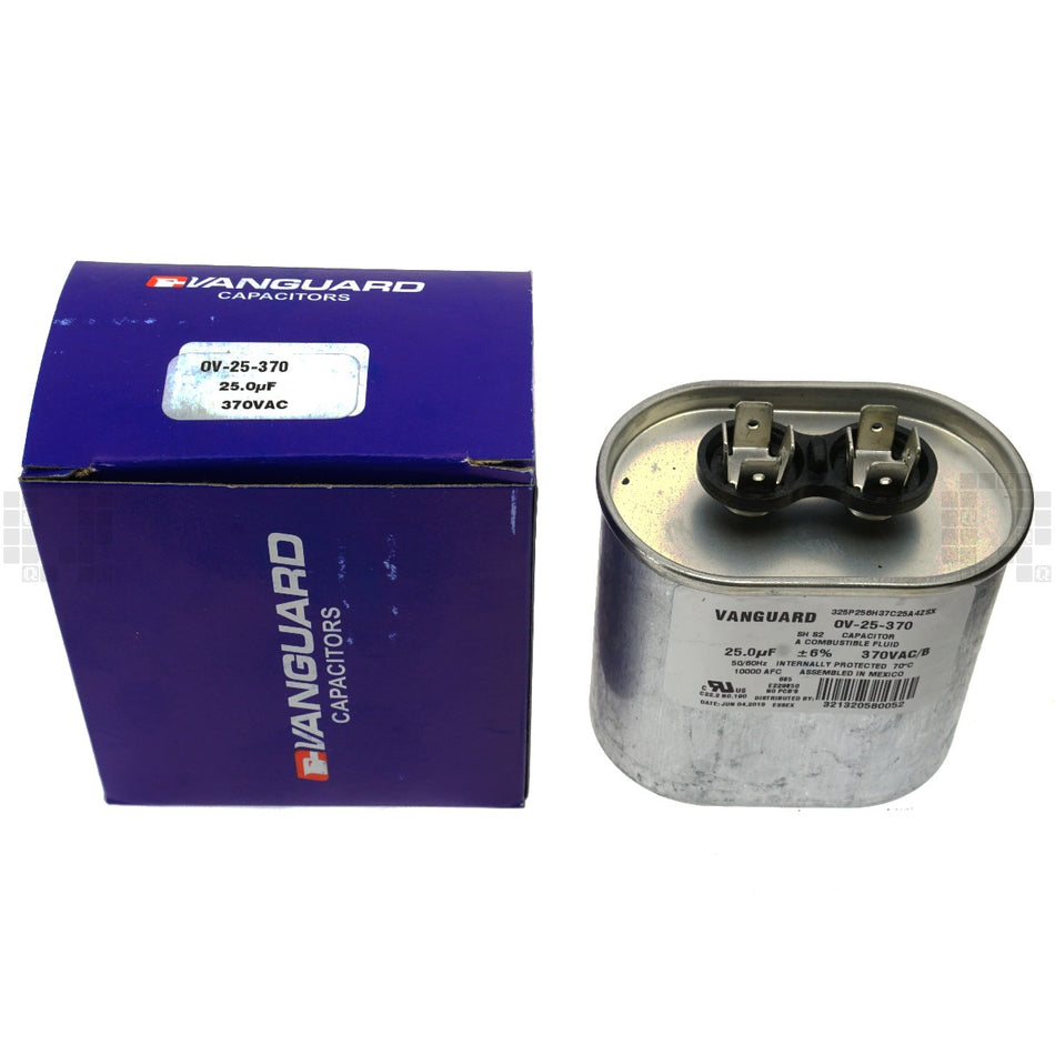 Vanguard OV-25-370 Electric Motor Run Capacitor, Oval, 25 uF, 370 VAC 50-60Hz