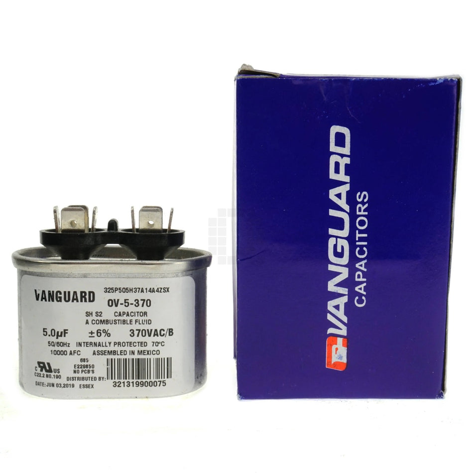 Vanguard OV-5-370 Electric Motor Run Capacitor, Oval, 5 uF, 370 VAC 50-60Hz