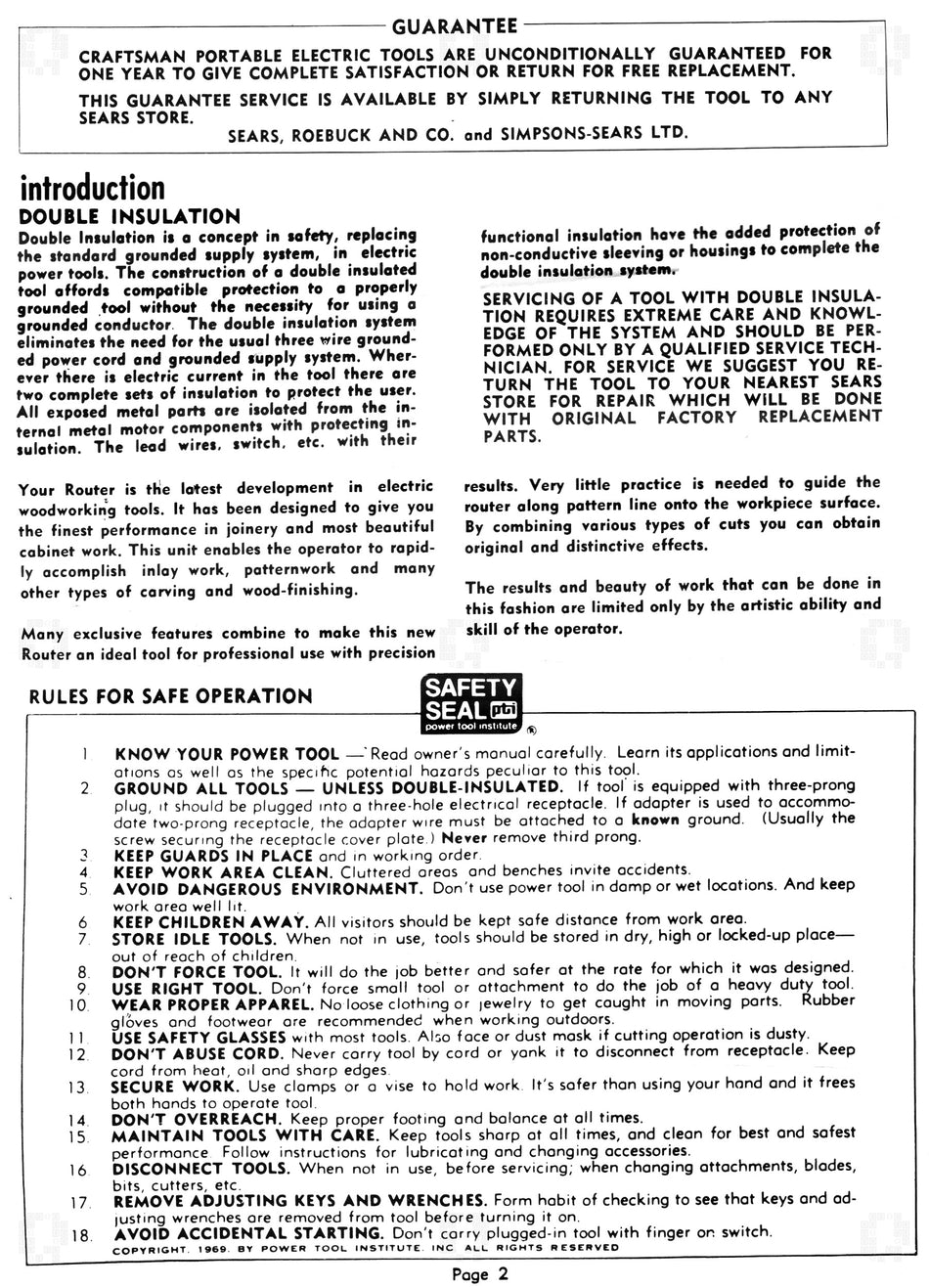 Sears 315.17380 Router Double Insulated Owners Manual