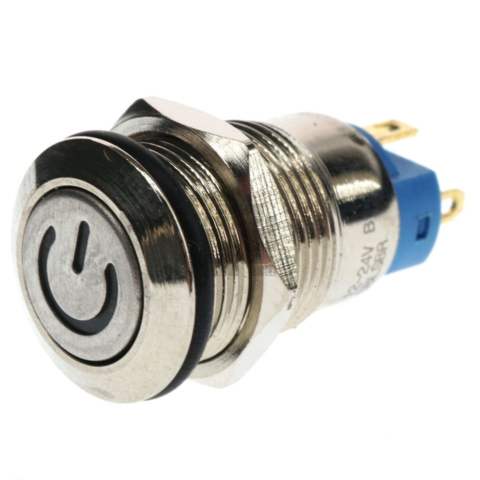 12mm Threaded Metal Pushbutton, Maintained/Locking, Blue LED, 12-24VDC, Lighted Power Symbol, IP65, SPST