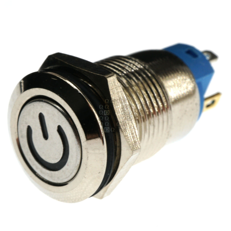 12mm Threaded Metal Pushbutton, Maintained, Red LED, 12-24VDC, IP65, SPST, Lighted Power Symbol