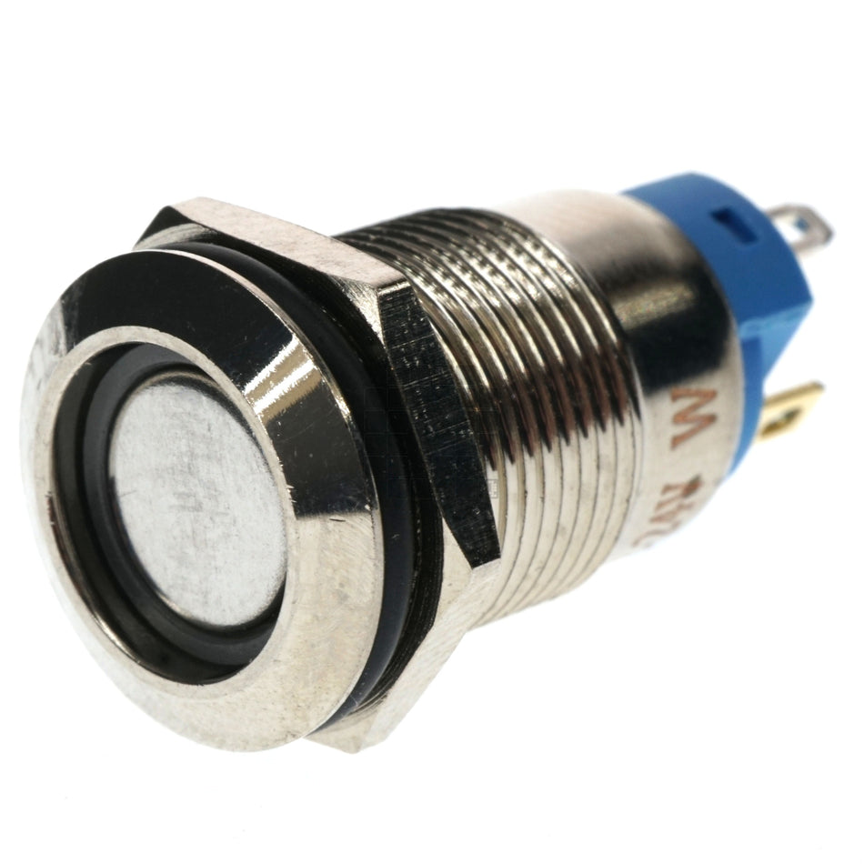 12mm Threaded Metal Pushbutton, Locking, White LED, 12-24VDC, IP65, SPST