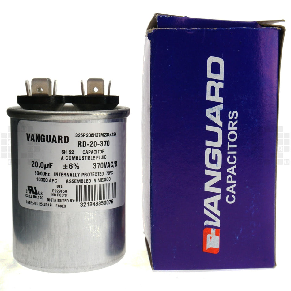 Vanguard RD-20-370 Electric Motor Run Capacitor, 20 uF, 370VAC 50-60Hz