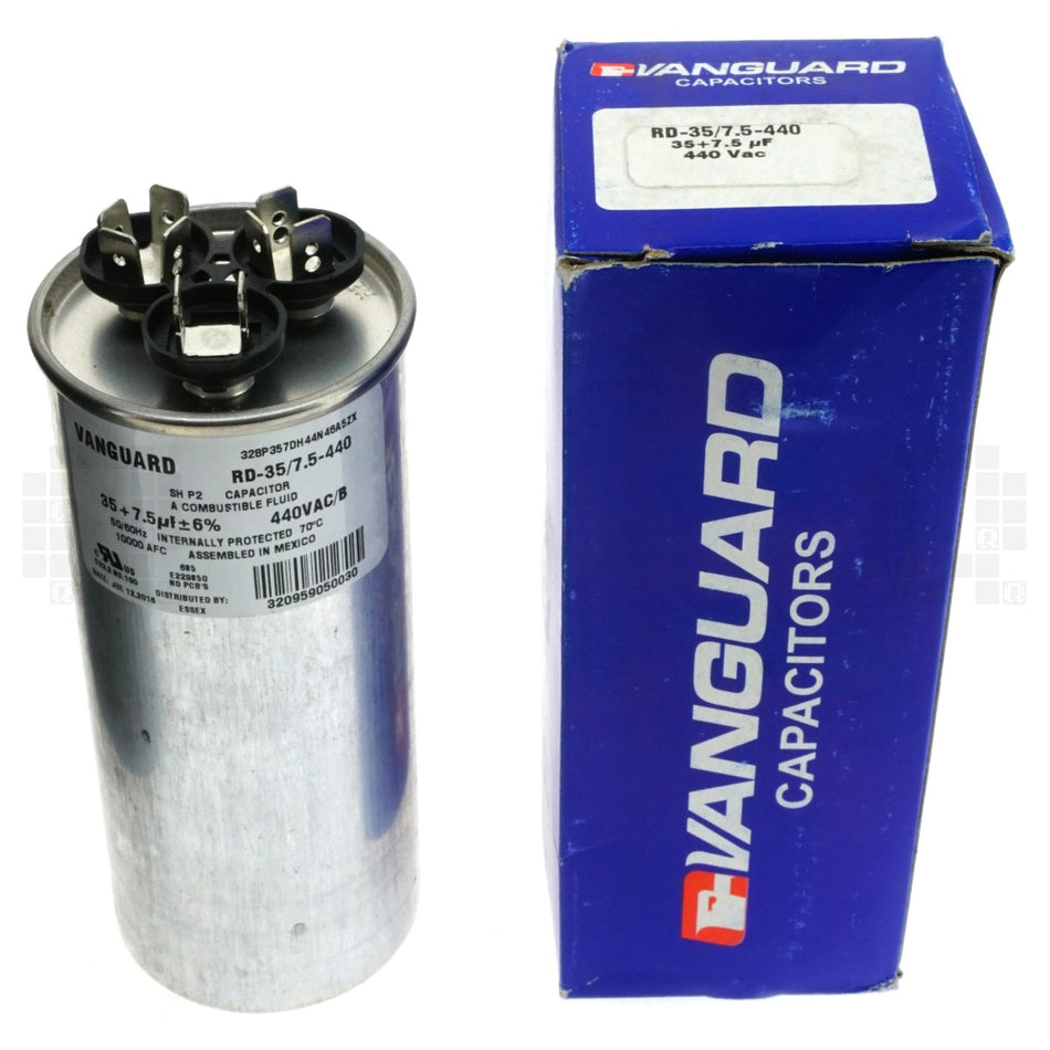 Vanguard RD-35/7.5-440 Electric Motor Run Capacitor, 7.5 + 35 uF, 440VAC 50/60Hz