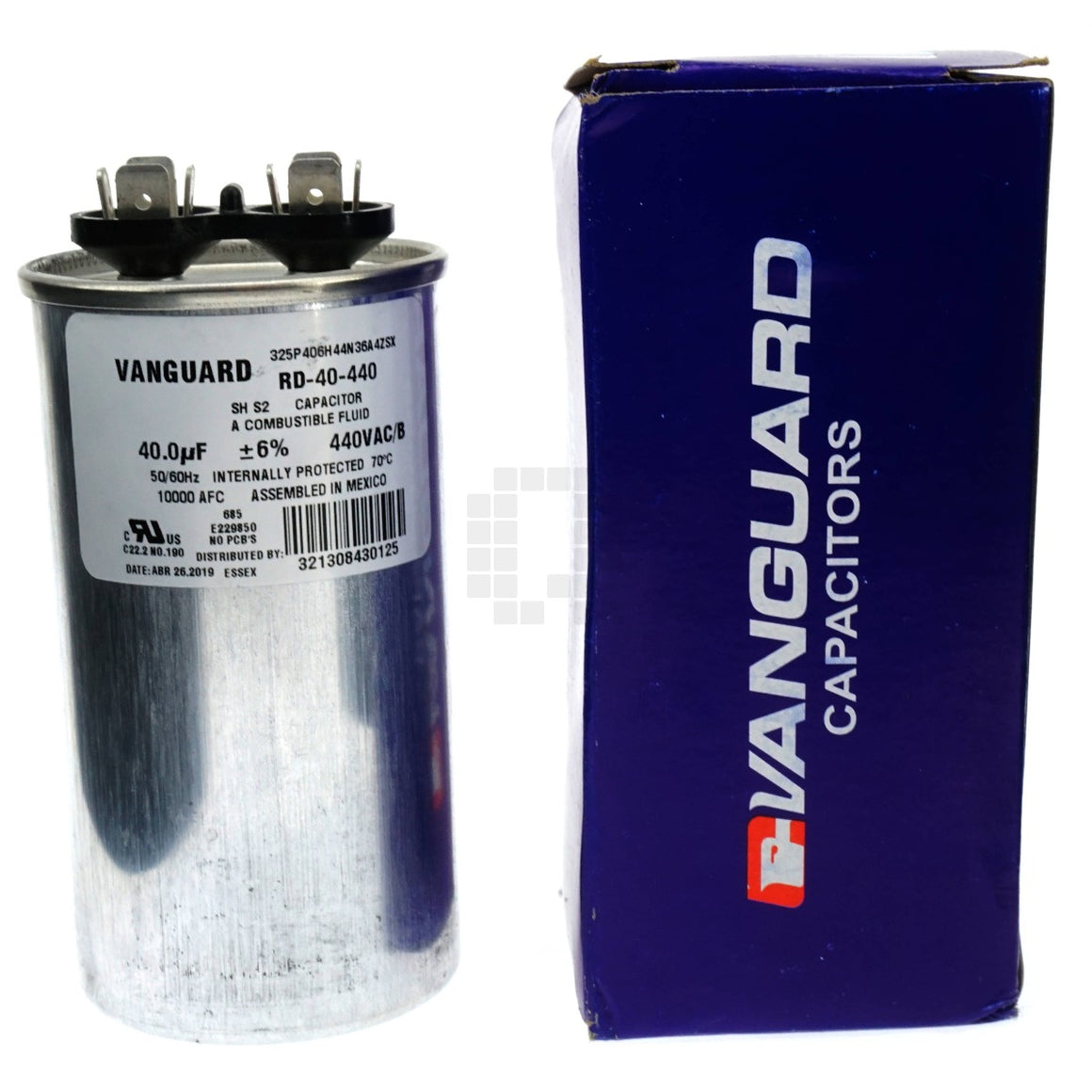 Vanguard RD-40-440 Silver Electric Motor Run Capacitor next to box