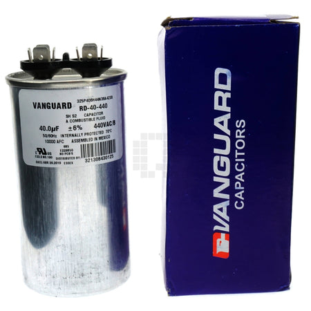 Vanguard RD-40-440 Silver Electric Motor Run Capacitor next to box