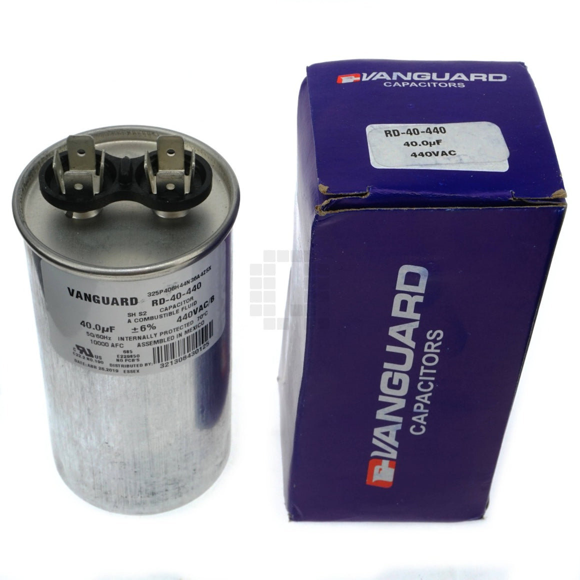 Vanguard RD-40-440 Silver Electric Motor Run Capacitor with packaging box