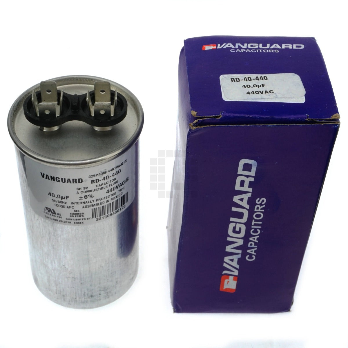 Vanguard RD-40-440 Silver Electric Motor Run Capacitor with packaging box