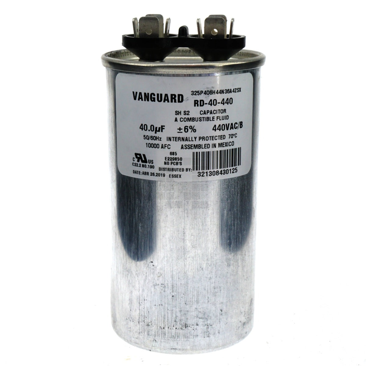 Vanguard RD-40-440 Silver Electric Motor Run Capacitor label