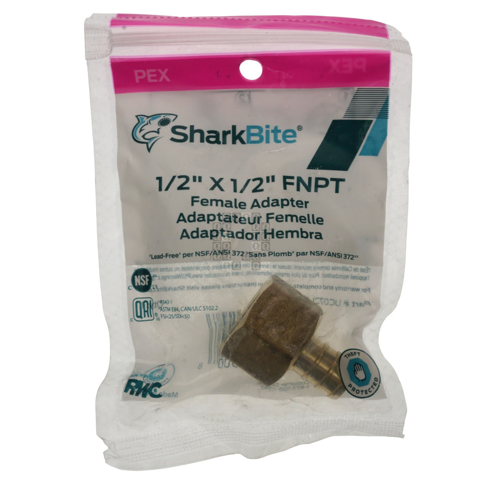 RWC / Sharkbite UC072LFA 1/2" Female NPT x 1/2" PEX Hose Barb Adapter, DZR Brass