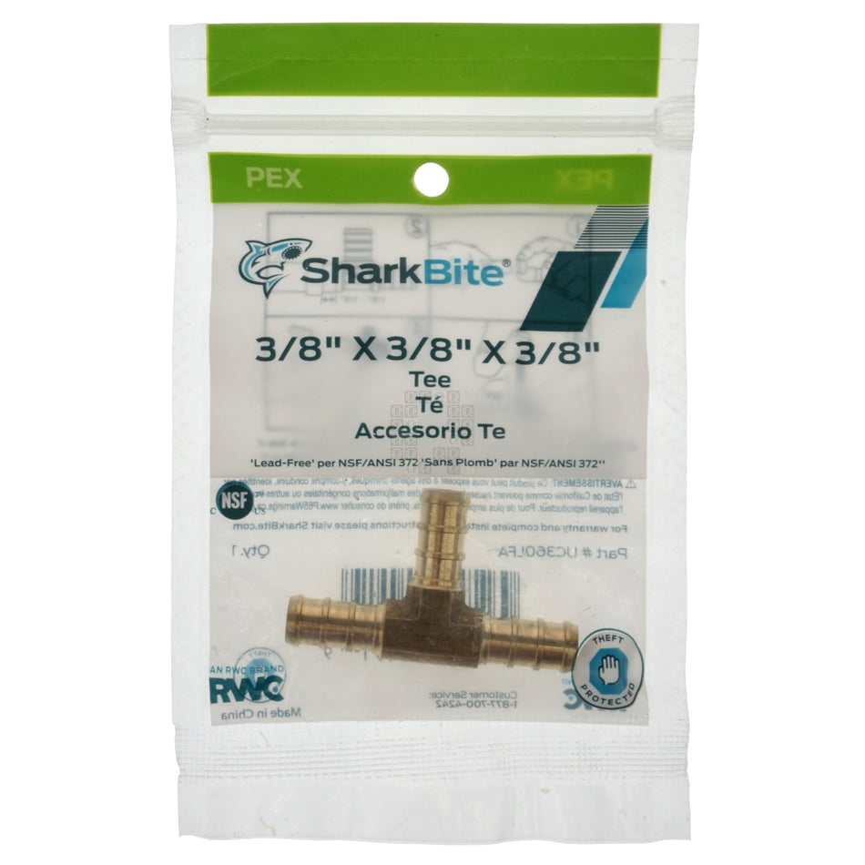 SharkBite UC360LFA 3/8" x 3/8" x 3/8" PEX Hose Barb Tee Fitting, Lead Free Brass