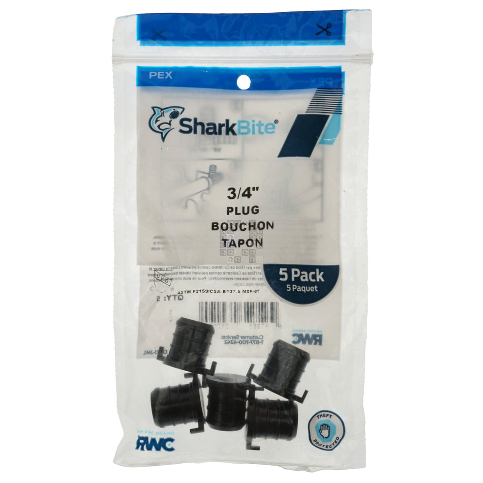 SharkBite UP518A5 3/4" PEX Hose Barb Pipe Plug, Black, 5-Pack