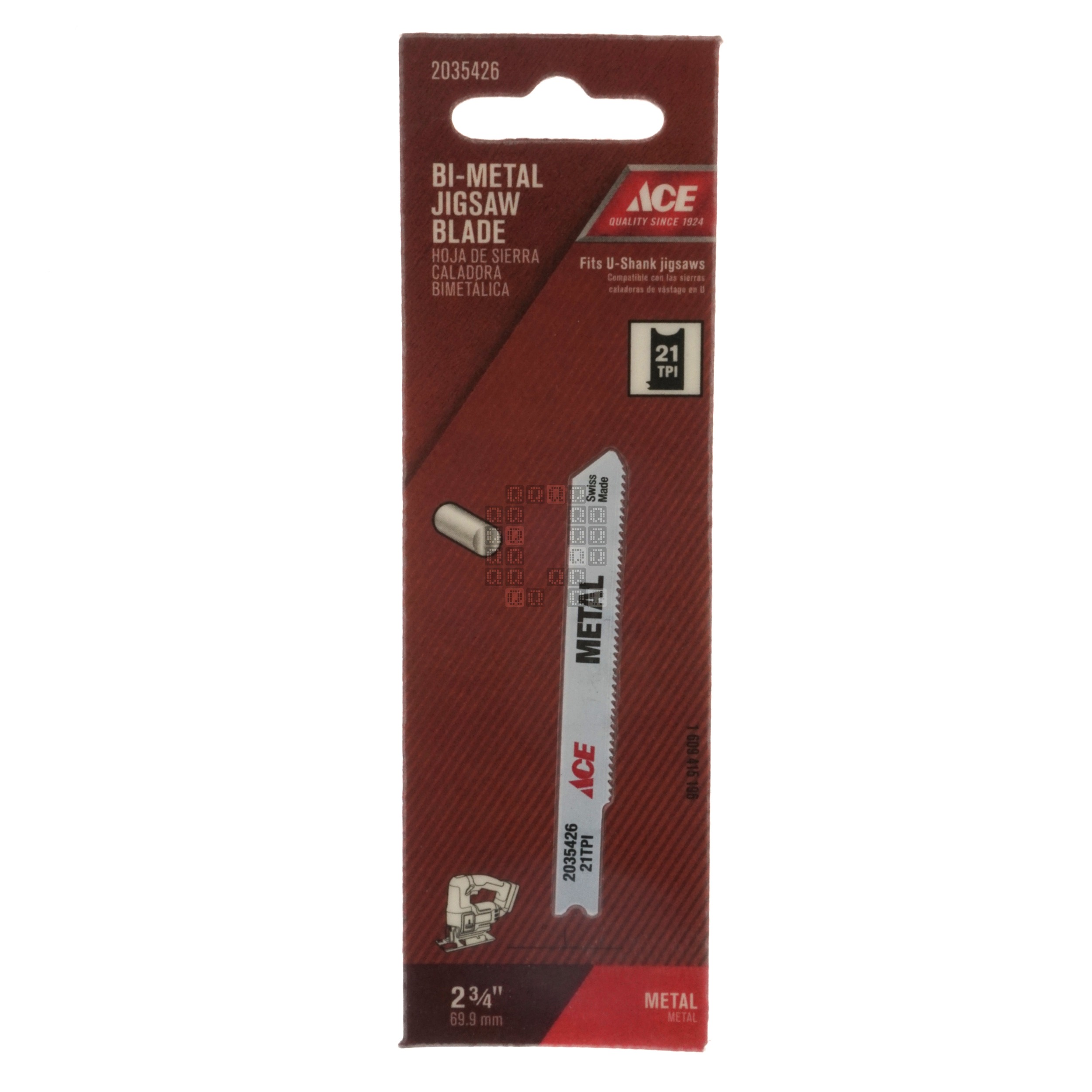 ACE Hardware 2035426 Bi-Metal Jigsaw Blade, 21TPI 2-3/4" Length, U-Shank, 1/16" to 3/16" Metal - Smooth