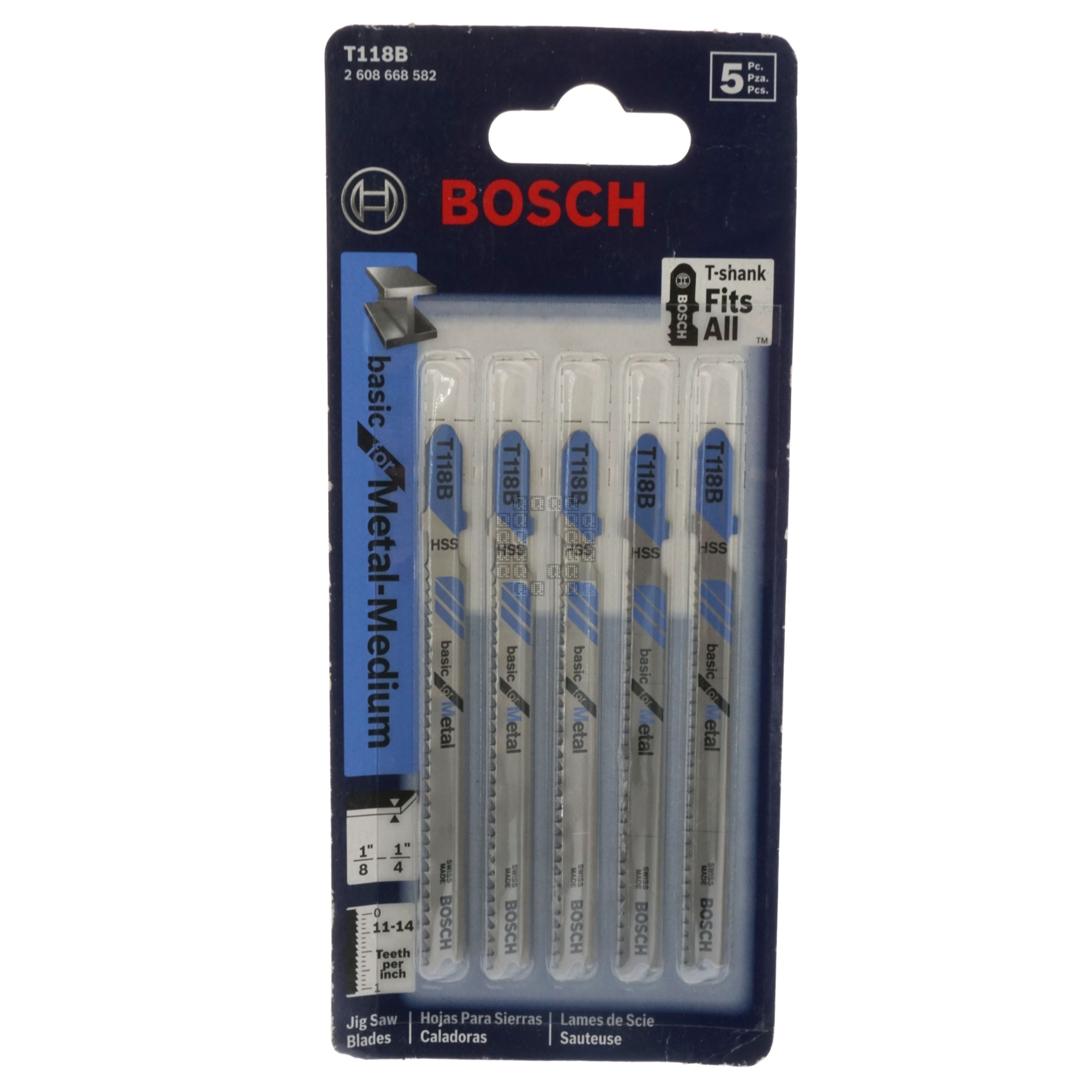 Bosch 2608668582 T118B T-Shank Jig Saw Blades, 11-14TPI, 3-5/8" Length, 5-Pack