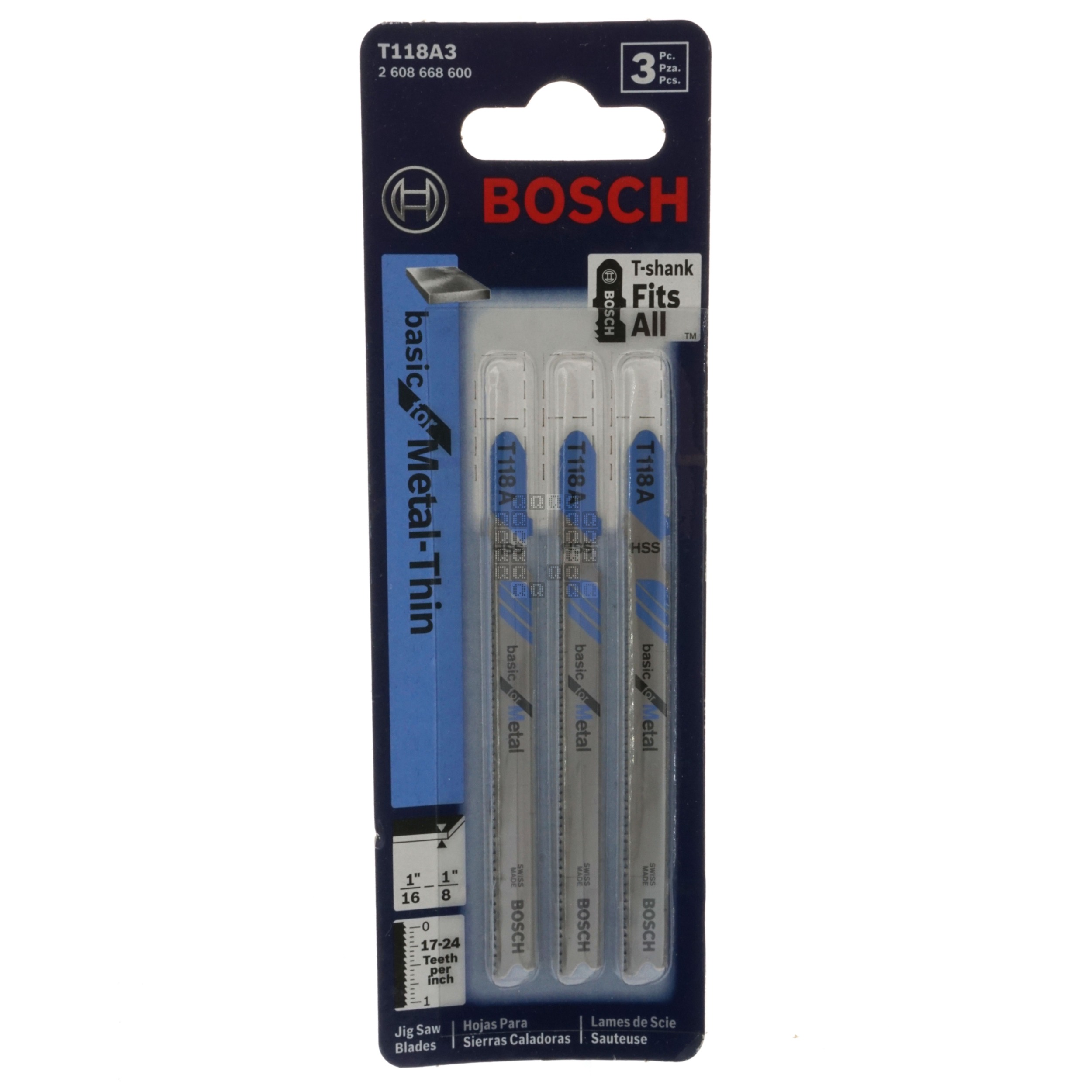 Bosch 2608668600 T118A3 T-Shank Jig Saw Blades, 17-24TPI, 3-5/8" Length, 3-Pack