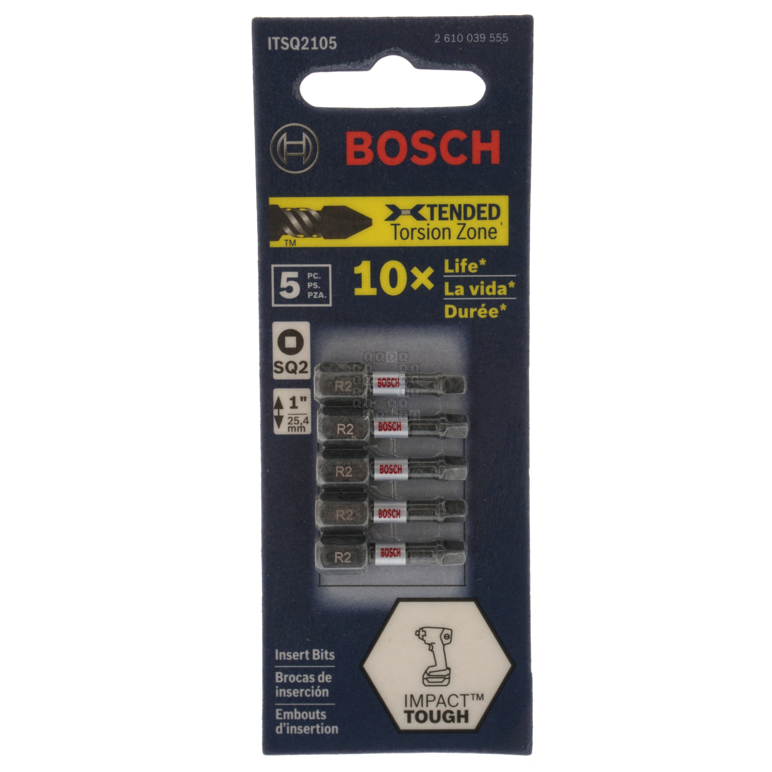 Bosch 2610039555 ITSQ2105 Impact Tough SQ2 #2 Square Recess Insert Bits, 5-Pack