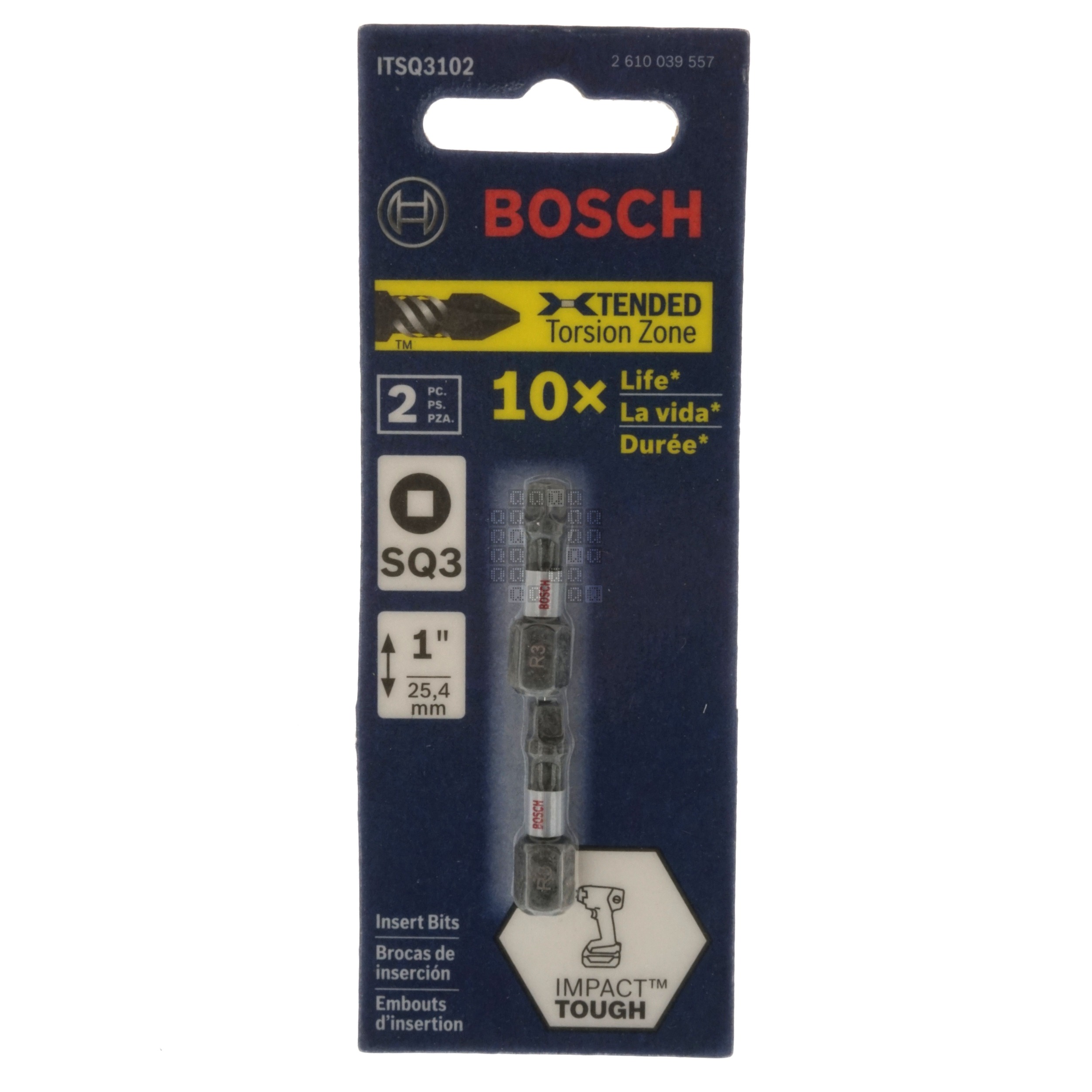 Bosch ITSQ3102 Impact Tough SQ3 #3 Square Insert Bits, 1" Length, 2-Pack, 2610039557
