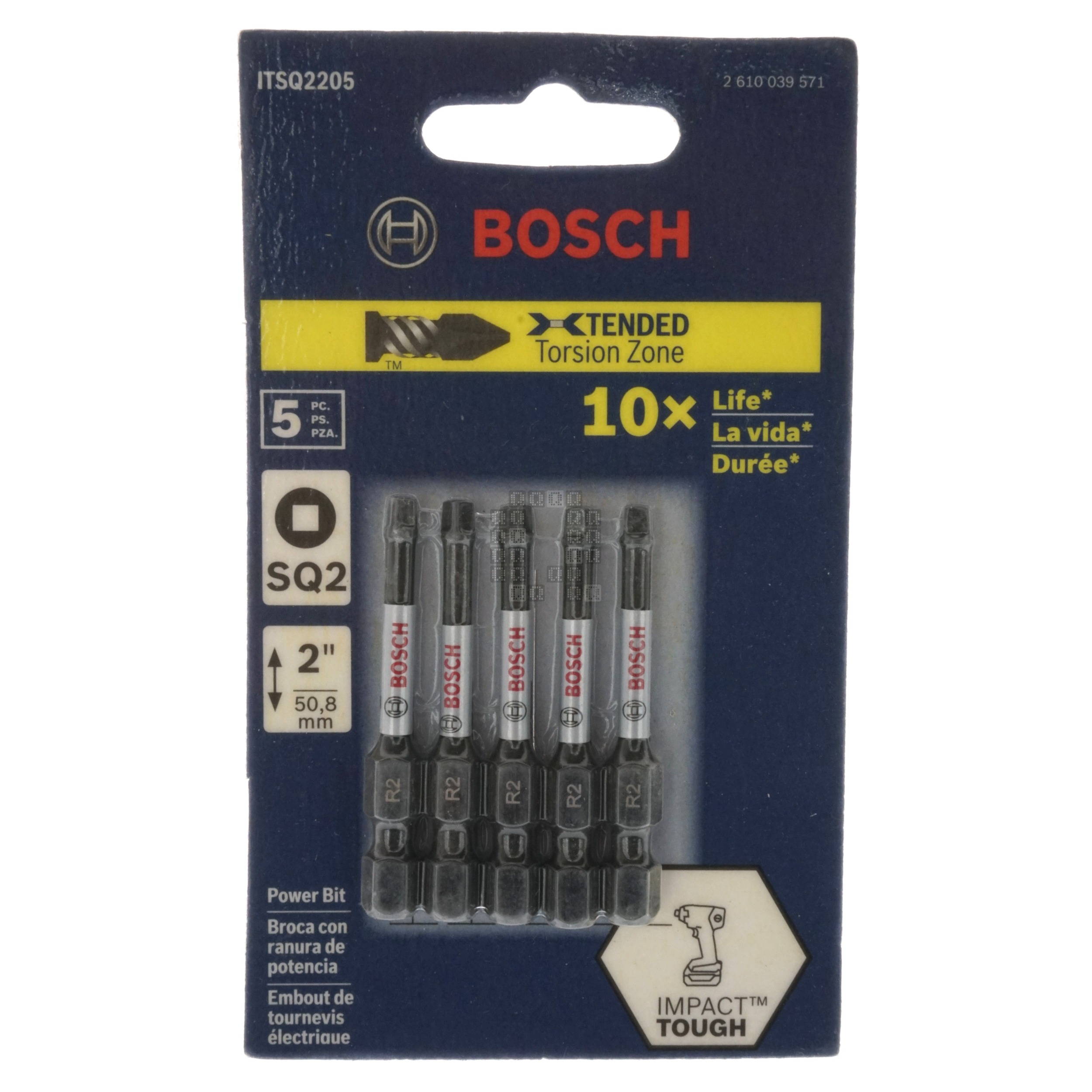 Bosch ITSQ2205 2610039571 Impact Tough SQ2 #2 Square Recess Power Bit, 2" Length, 5-Pack