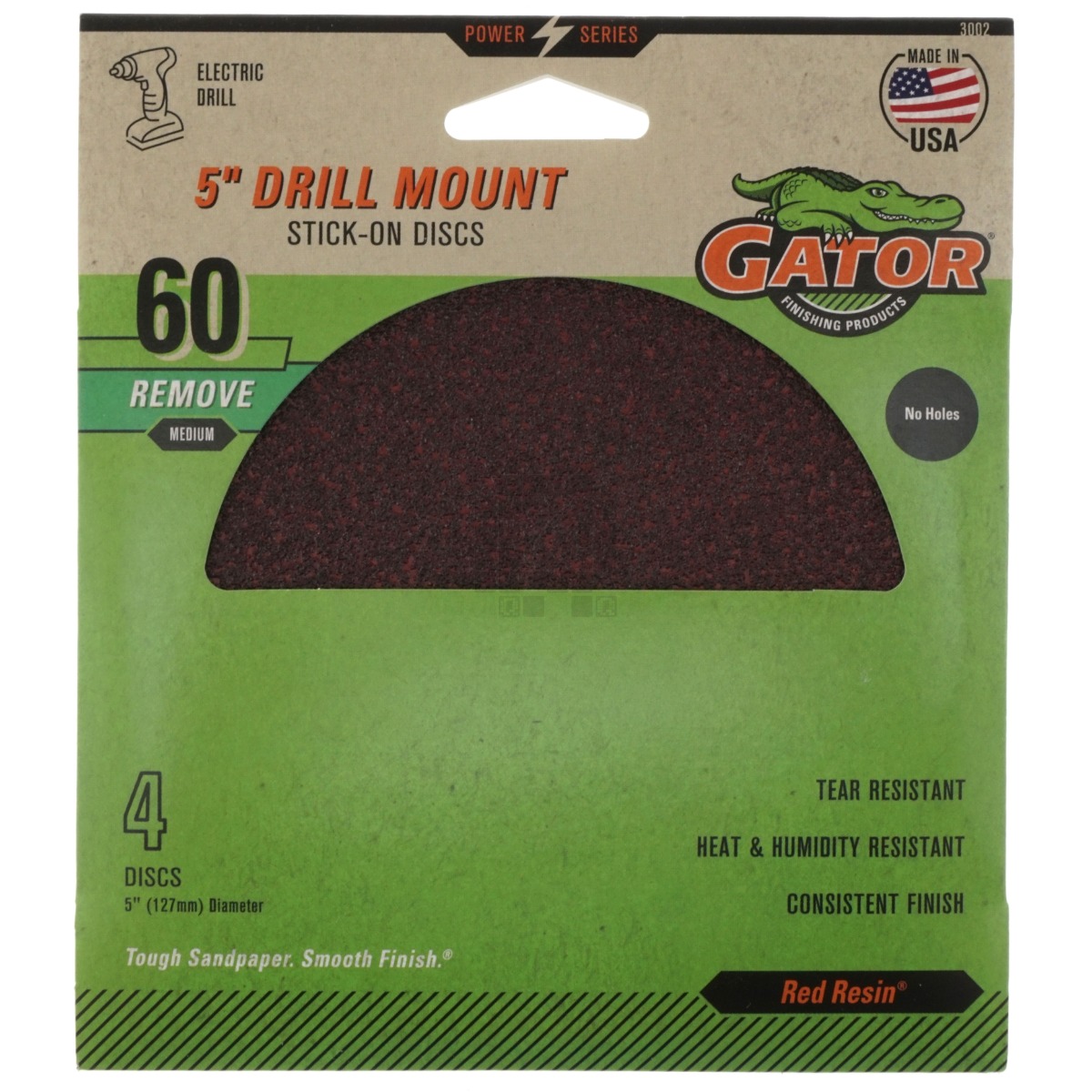 Gator 3002 5" Drill Mount Stick-On Discs, Medium 60 Grit, No Holes, 4 Pack