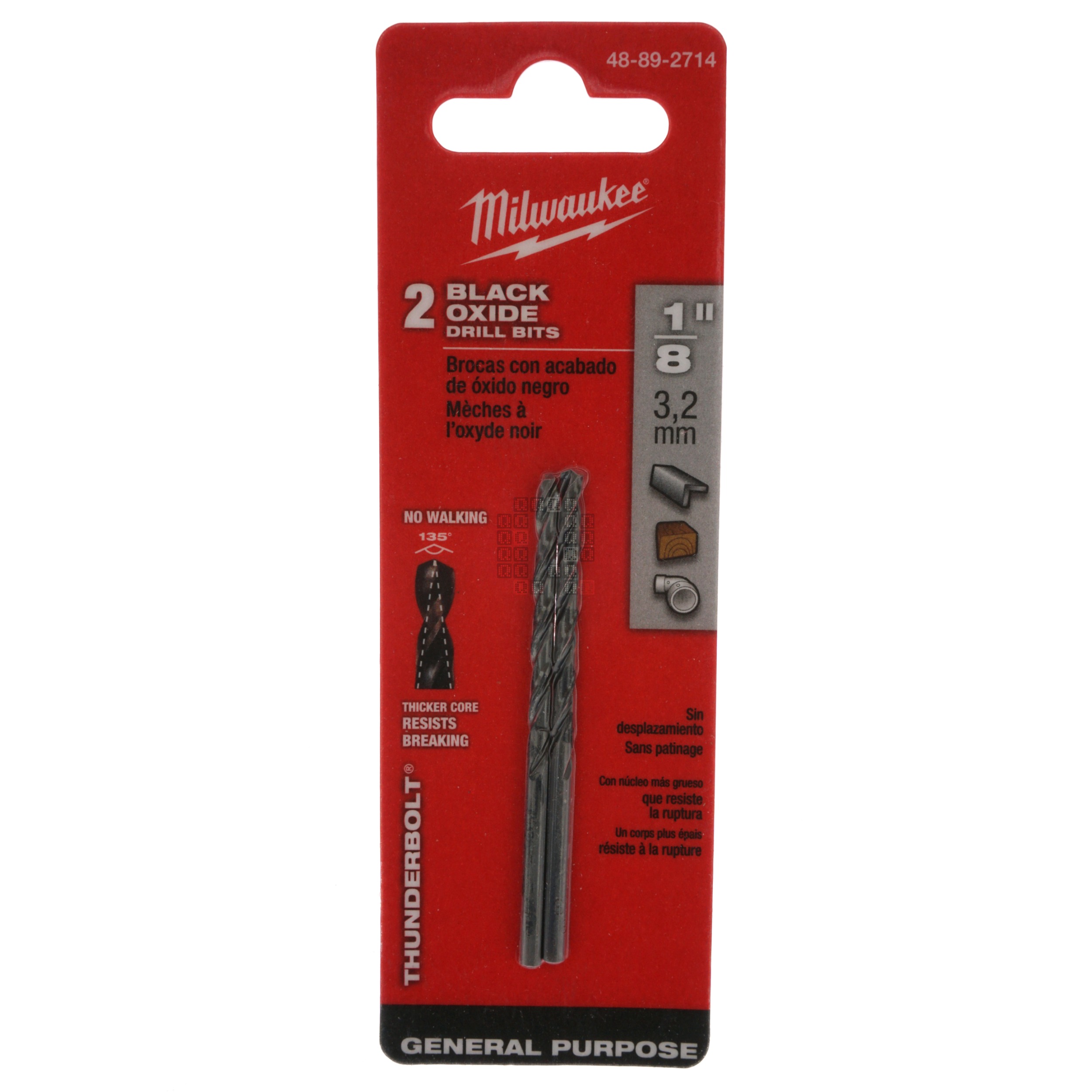 Milwaukee 48-89-2714 THUNDERBOLT Black Oxide Drill Bit, 1/8" 135° Point, 2-Pack