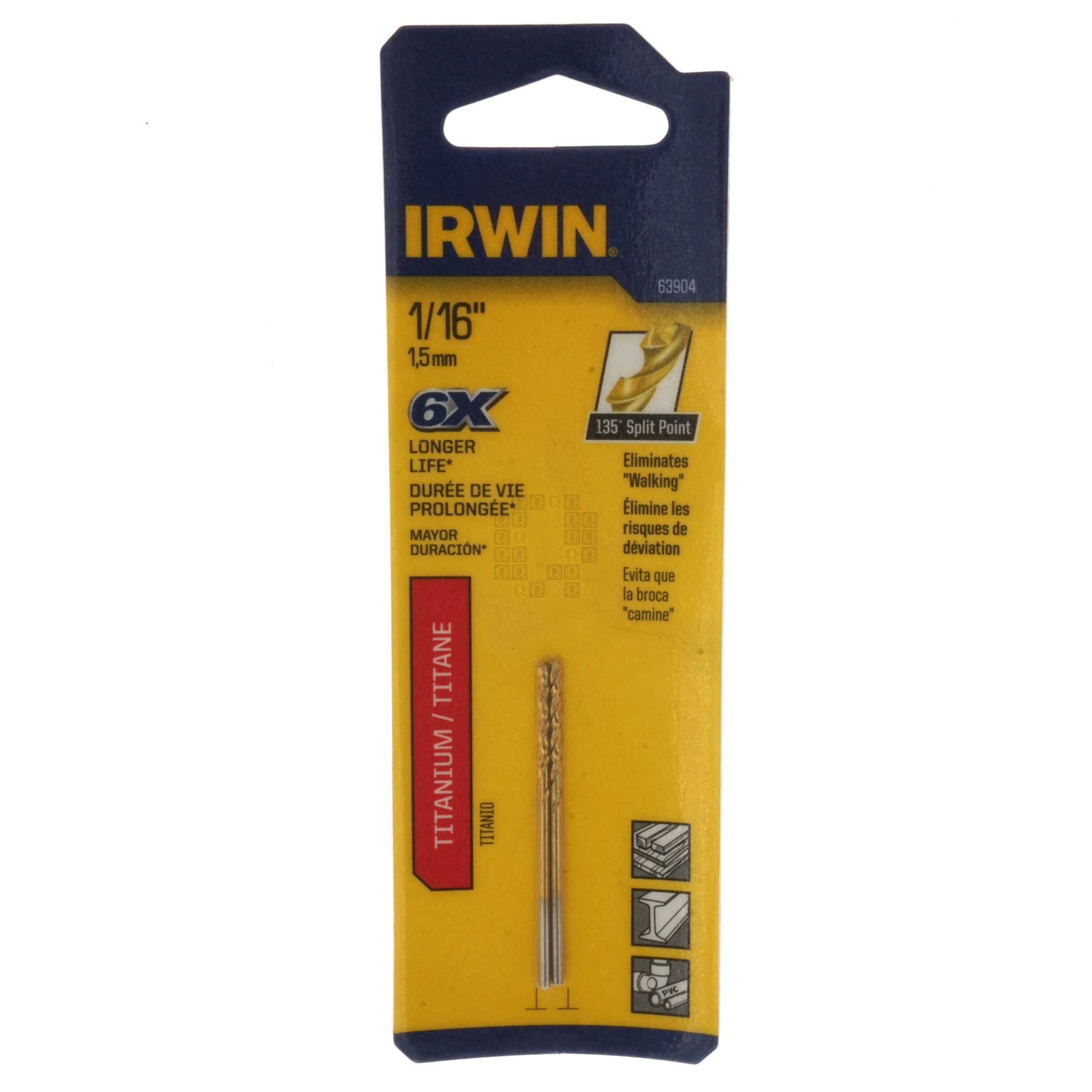 Irwin 63904 1/16" Titanium Coated 135° Split Point Drill Bit, 2-Pack