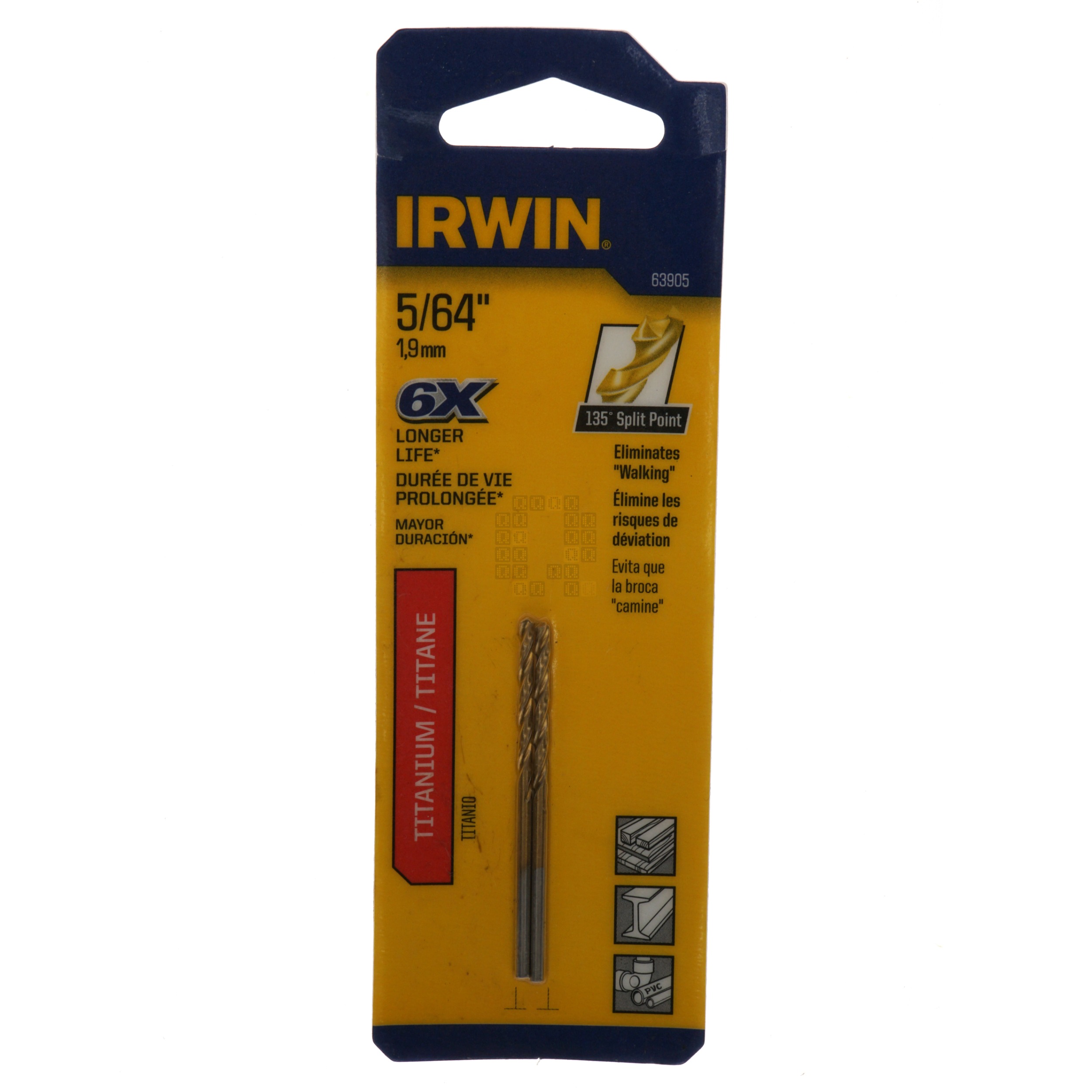 Irwin 63905 5/64" Titanium Nitride Coated 135° Split Point Drill Bits, 2-Pack