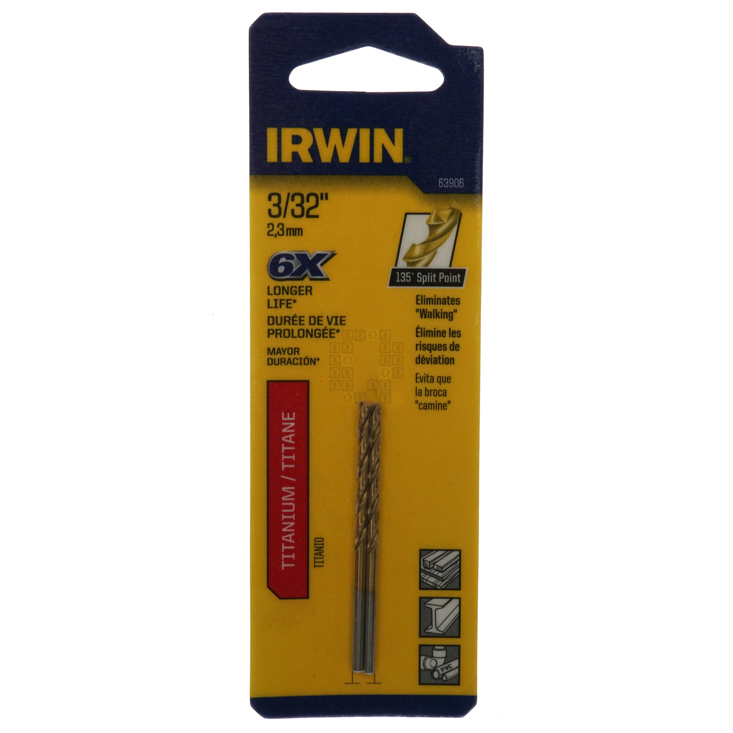 Irwin 63906 3/32" Titanium Nitride Coated 135° Split Point Drill Bits, 2-Pack