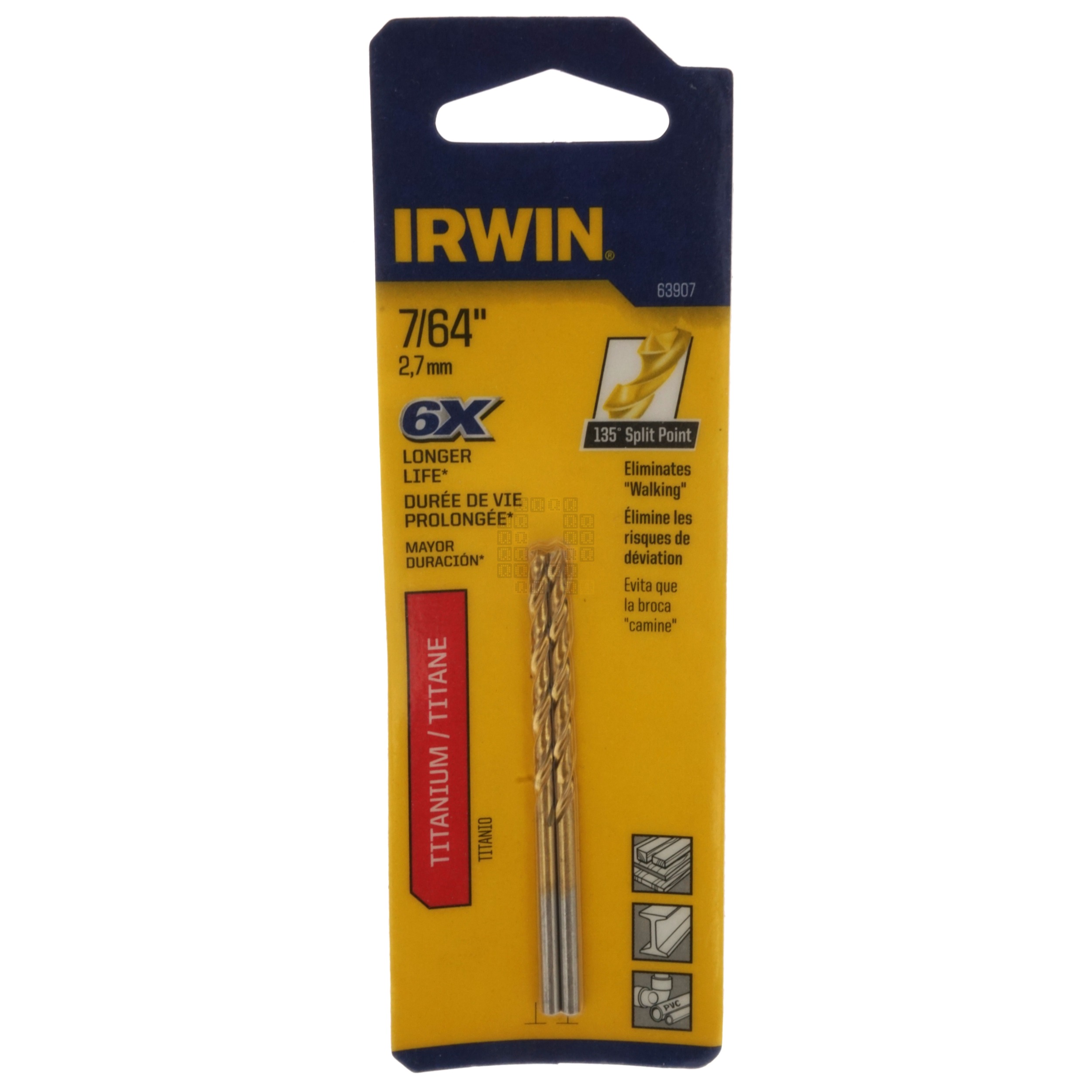 Irwin 63907 7/64" Titanium Nitride Coated 135° Split Point Drill Bits, 2-Pack
