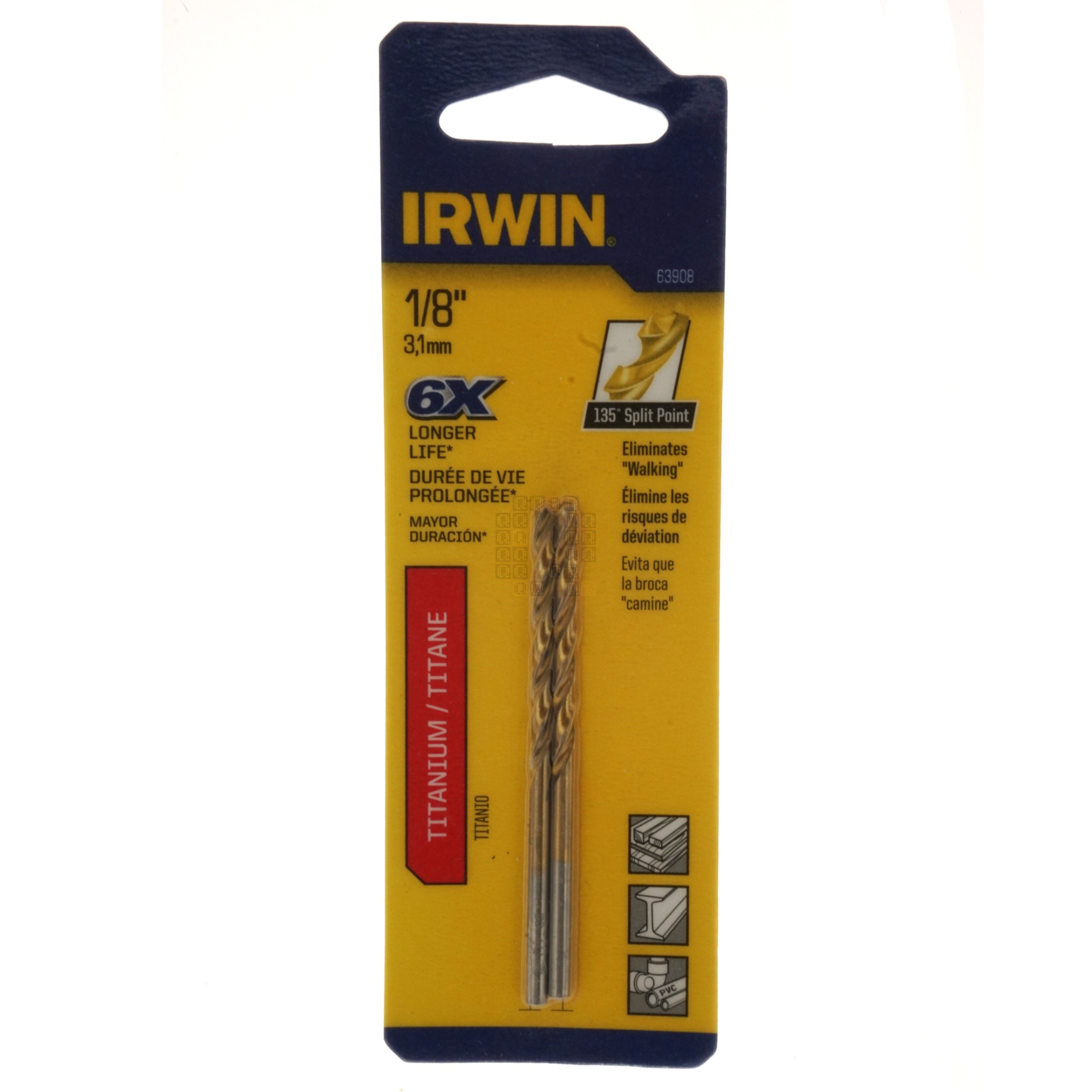 Irwin 63908 1/8" Titanium Nitride Coated 135° Split Point Drill Bits, 2-Pack