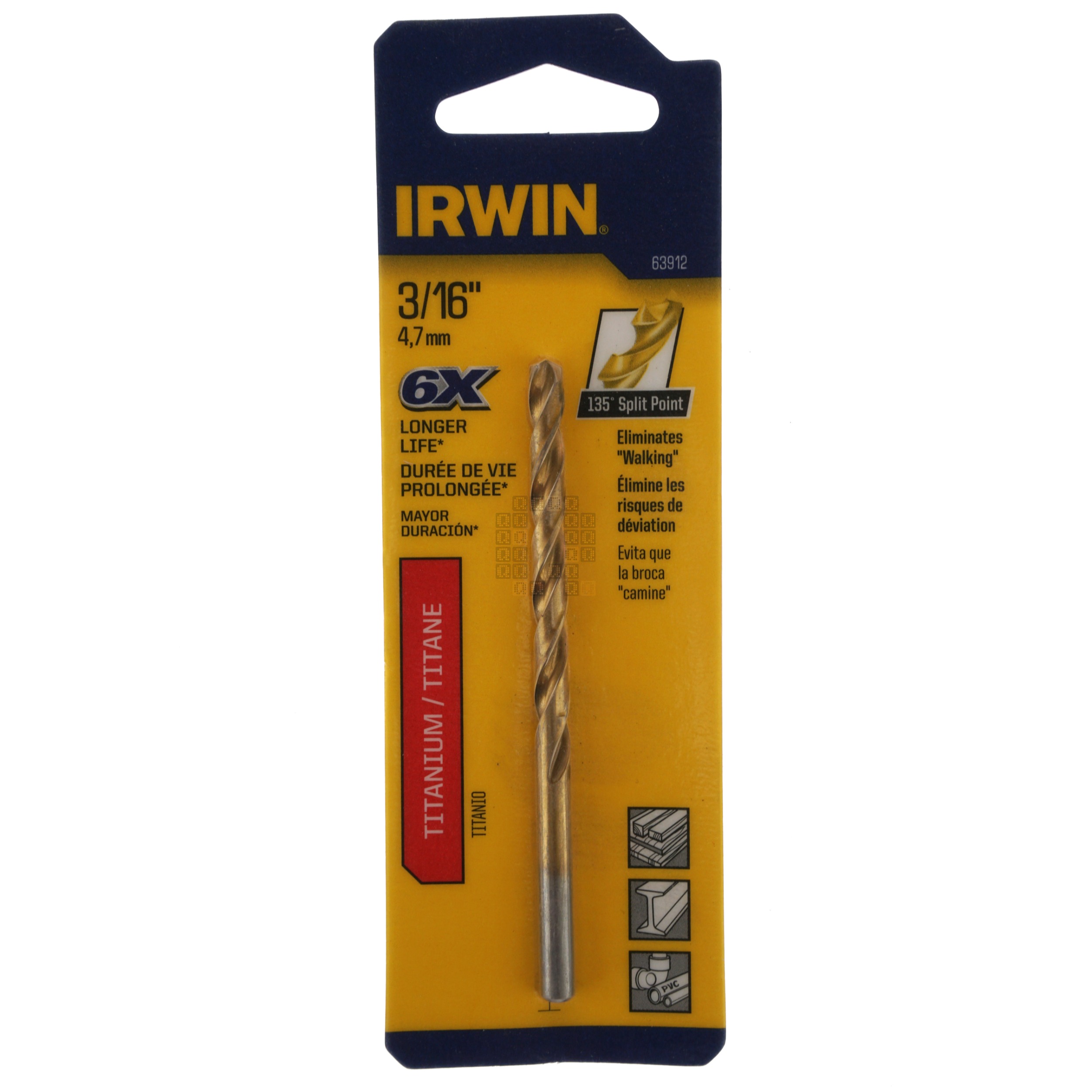 Irwin 63912 3/16" Titanium Nitride Coated 135° Split Point Drill Bit