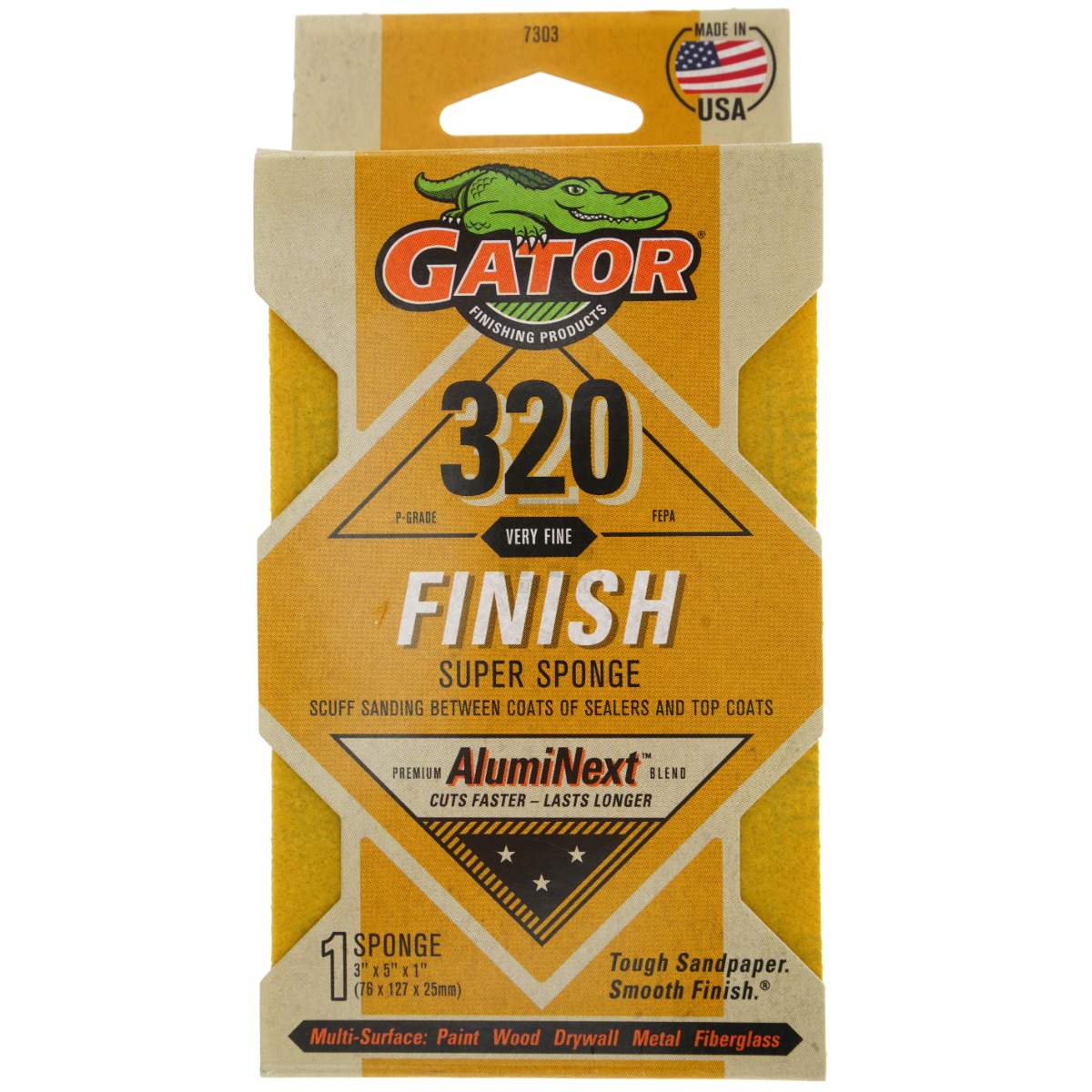 Gator 7303 Super Sanding Sponge, 320 Grit, Very Fine, AlumiNext, 3" x 5" x 1"