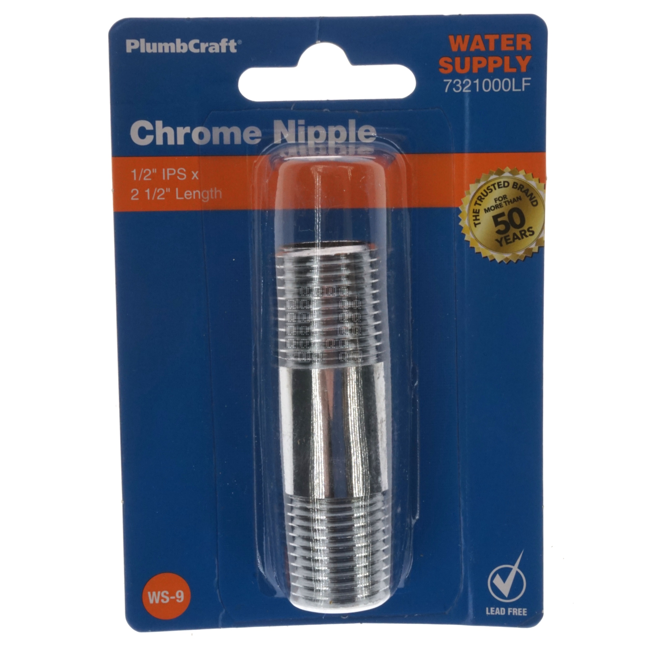 PlumbCraft 7321000LF 1/2" IPS x 2-1/2" Length Pipe Nipple, Chrome Plated Brass