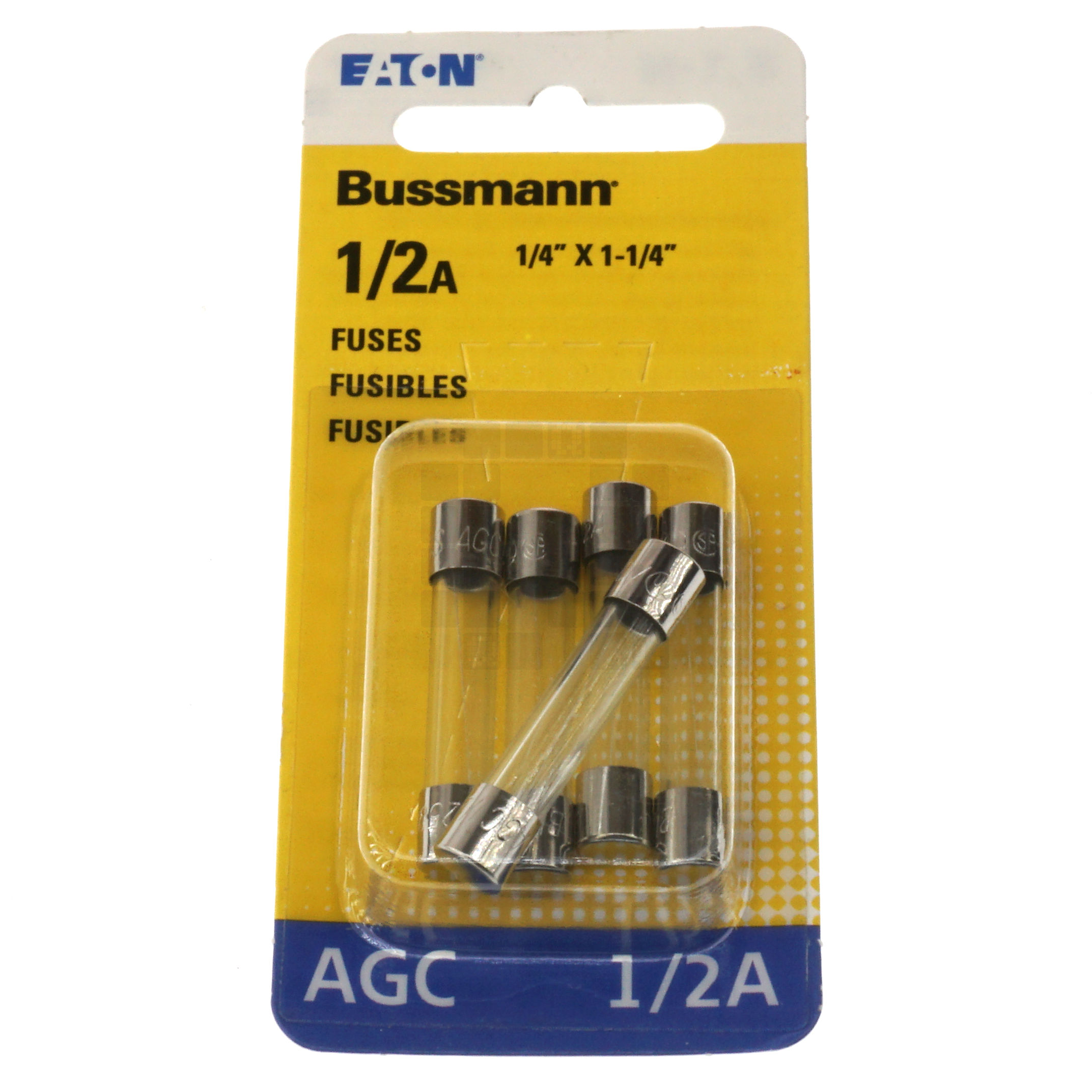 Eaton Bussman BP/AGC-1/2-RP Fast Acting Glass Fuse 5 Pack, 1/2 Amp, 250VAC