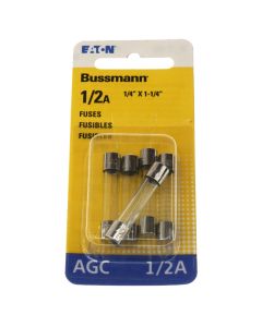 Eaton Bussman BP/AGC-1/2-RP Fast Acting Glass Fuse 5 Pack, 1/2 Amp, 250VAC