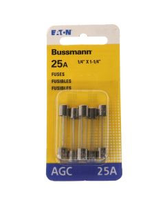 Eaton Bussman BP/AGC-25-RP Fast Acting Glass Tube Fuse 5 Pack, 25 Amps, 32VDC