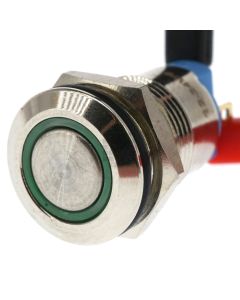 12mm Threaded Metal Pushbutton, Maintained, Green LED, 12-24VDC, Lighted Circle, IP65, SPST