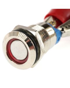 12mm Threaded Metal Pushbutton, Maintained, Red LED, 12-24VDC, IP65, SPST, Lighted Ring/Circle