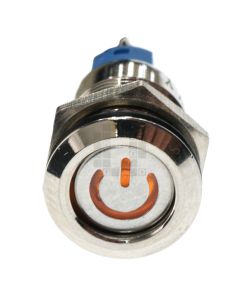 12mm Threaded Metal Pushbutton, Maintained/Locking, Yellow LED, 12-24VDC, Lighted Power Symbol, IP65, SPST