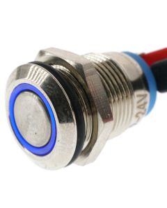 12mm Threaded Metal Pushbutton, Momentary, Blue LED, 12-24VDC, Lighted Circle, IP65, SPST