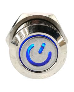 12mm Threaded Metal Pushbutton, Momentary, Blue LED, 12-24VDC, Lighted Power Symbol, IP65, SPST