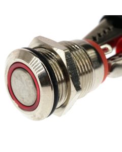 12mm Threaded Metal Pushbutton, Momentary, Red LED, 12-24VDC, IP65, SPST, Lighted Ring/Circle